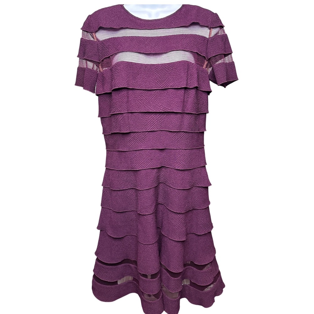 TADASHI SHOJI Plum Purple Textured Tiered Mesh Sheath Dress‎ 10 Cocktail Party
